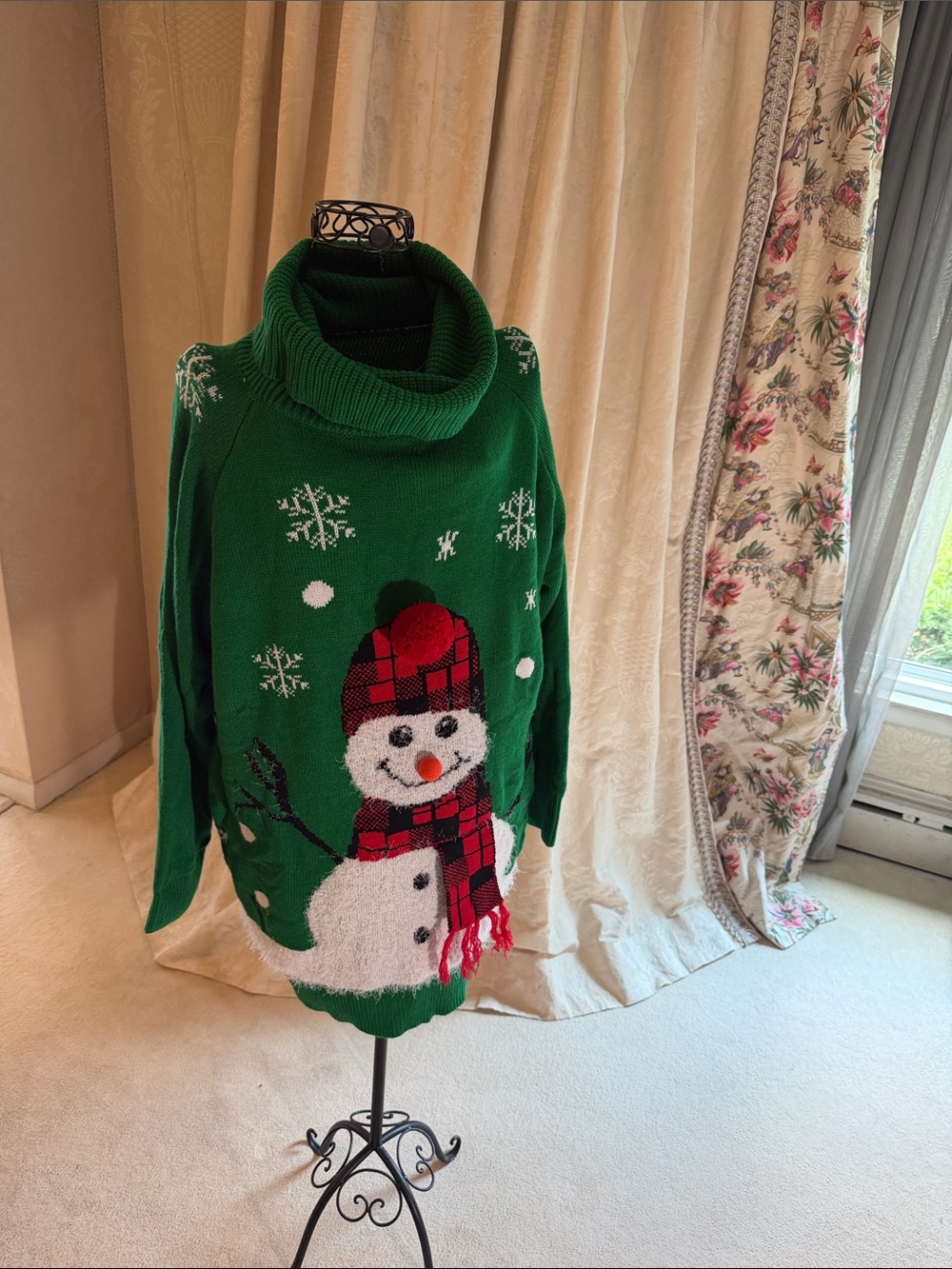 Green Snowman Holiday Turtleneck Sweater. With pockets